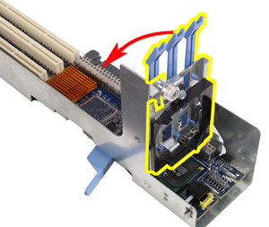 This picture shows how to rotate the card-guide latch bracket toward the PCI slots