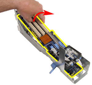 This picture shows how to lift the riser board off the expansion card cage's grounding tabs