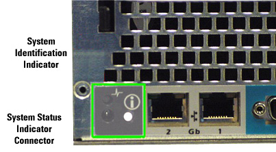 This is a picture of the PowerEdge 2650 rear System Indentification Indicator and connector